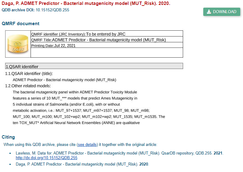 Screenshot of a uploaded QMRF document